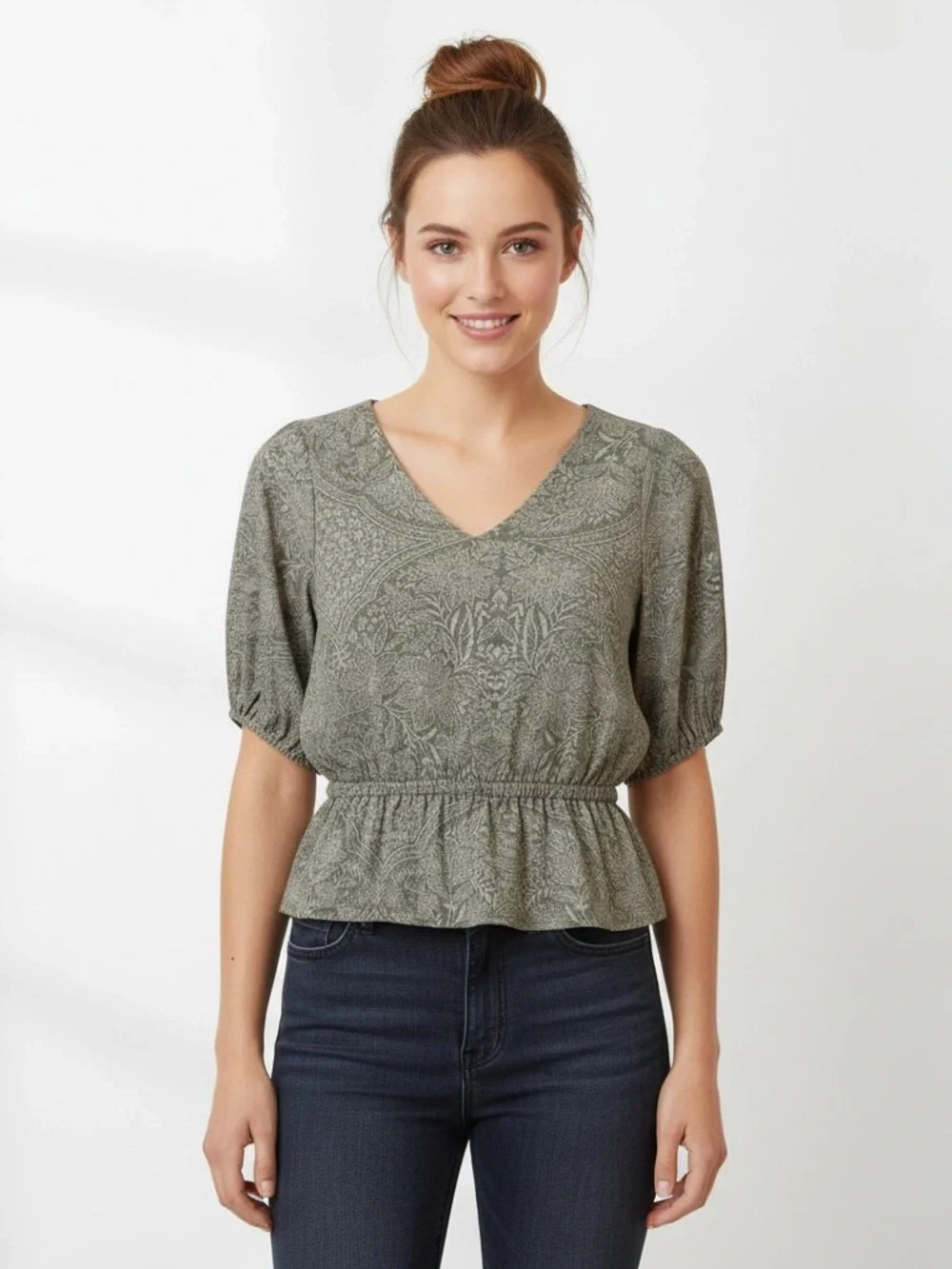 LOFT V-Neck Peplum Blouse in Olive Green Size XXS